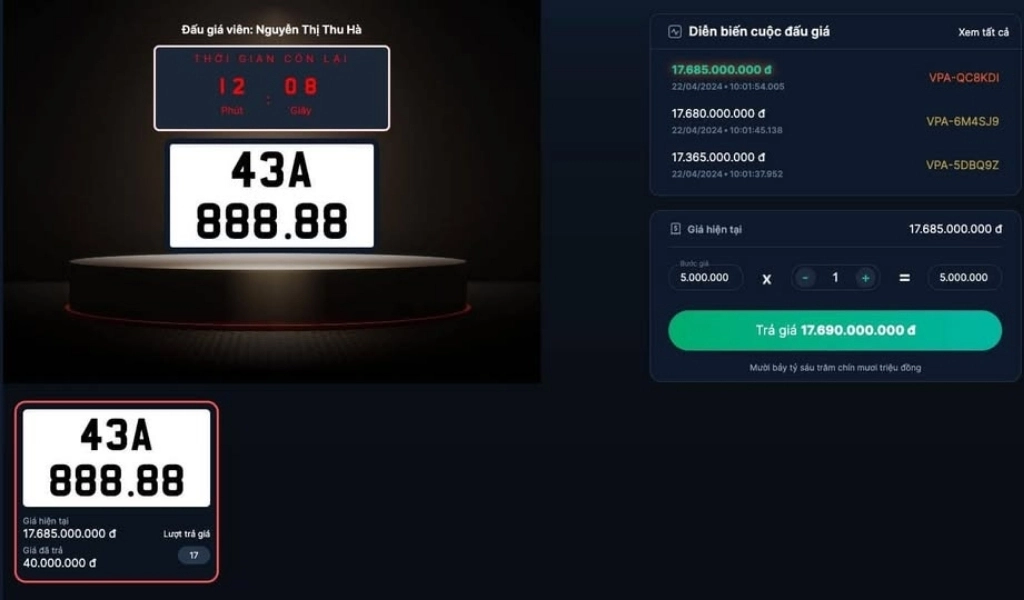 Biển số 43A - 888.88 được đấu giá tại Đà Nẵng với mức giá siêu cao hơn 17 tỷ đồng
