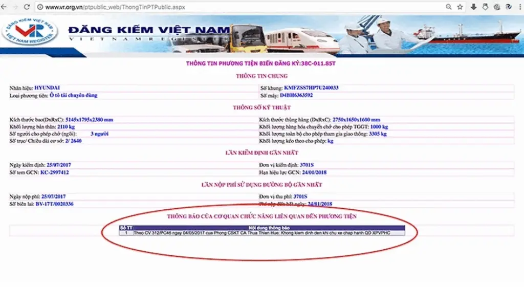 Khi tra cứu tại Cục đăng kiểm Việt Nam, kết quả trả về sẽ đầy đủ thông tin về phương tiện và thông báo phạt