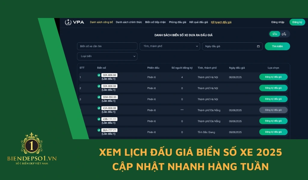 Lịch đấu giá biển số xe cụ thể được công bố trước 30 ngày trên trang VPA